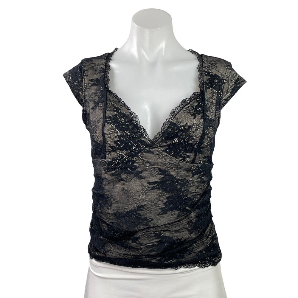 Abercrombie & Fitch Womens Black Floral Lace Cap Sleeve Sheer Crop Blouse Top S